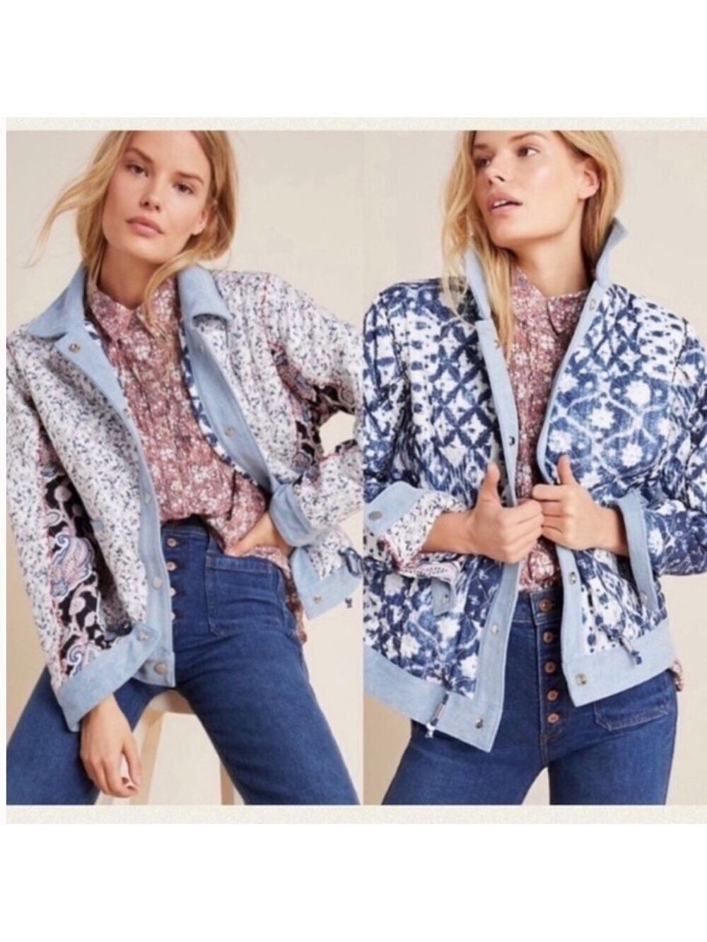 BLANK NYC Anthropologie Reversible Patchwork Denim cotton Jean Jacket XS fits M